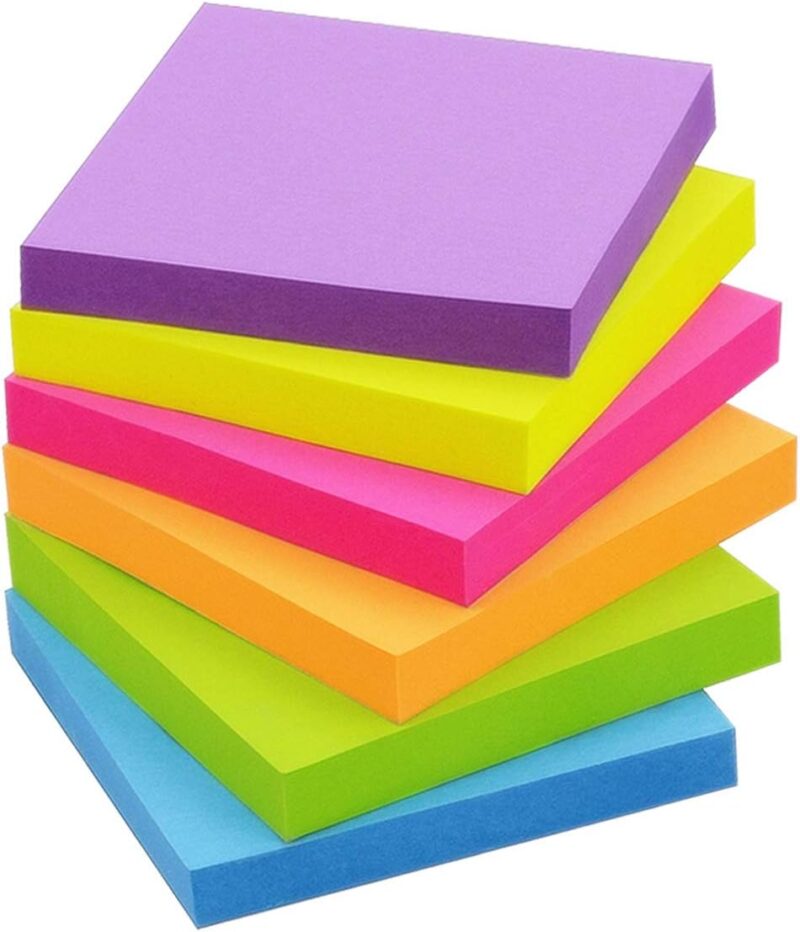 Sticky Notes 3x3 Inch, 6 Pack, Bright Colors, 100 Sheets/Pad, 600 Total | Bright Colors, Strong Self-Stick Adhesive, Removable & Repositionable, Ideal for Office, School, and Home Reminders