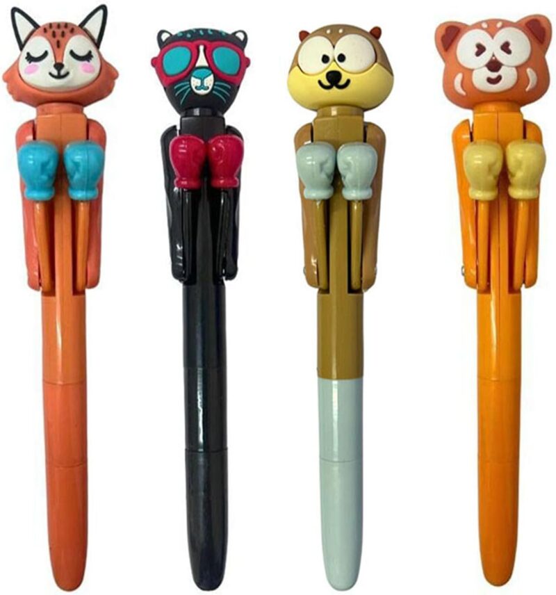 4 Pcs Funny Animal Boxing Ballpoint Pens 0.7mm Black Ink Fox Squirrel Pen | Novelty Cool Writing Pen Cat Bear Boxing Pens Stationery Gifts Classroom Supplies for Office School Party Favors